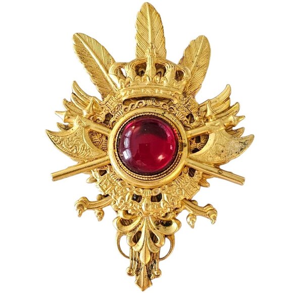 Spingarn NY Vintage Shield Brooch Feather Crown Crest Red Rhinestone Pin Signed